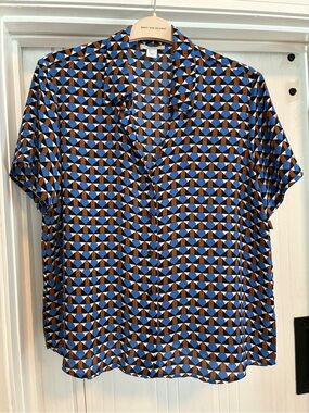 Carolina Belle Blue & Brown Geometric Short-Sleeve Button-Up Shirt